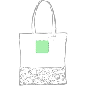 A tote bag in white with a textured grey bottom and a green square area, featuring two handles and branding.