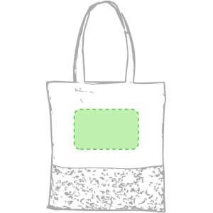 A tote bag in white with a green patch for branding, featuring sturdy handles and a textured bottom.