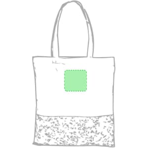 A tote bag featuring a white surface with a green square patch and a textured lower section. It has two handles.