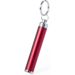 A red metal torch with a silver keyring attachment, featuring a sleek cylindrical design.