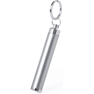 A silver torch with a sleek design attached to a keyring. It features a shiny metallic finish.