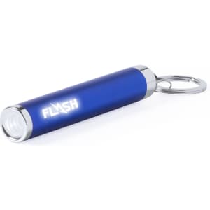 A blue torch with a keyring attachment, featuring a silver end and a branding logo.