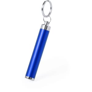 A blue keyring torch with a silver keyring attachment, featuring a sleek cylindrical design.