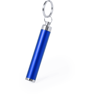 A blue cylindrical torch attached to a silver keyring, with a sleek design and shiny metal accents.