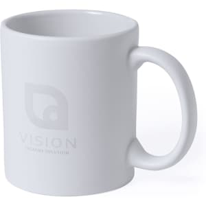 A white coffee mug with a smooth finish and a curved handle, featuring a logo design.