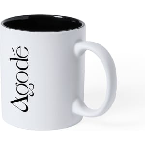 A coffee mug in white with a black interior and a logo on the side.