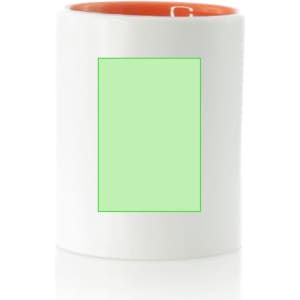 A coffee mug featuring a white exterior with an orange interior and a blank green label area.
