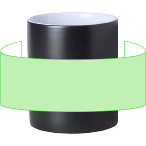 A coffee mug featuring a matte black exterior and a contrasting white interior, with a logo displayed on it.