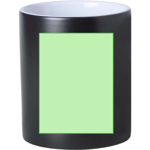 A coffee mug with a glossy black exterior and a white interior, featuring a blank green area for custom designs.