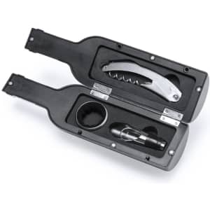 A wine set in a bottle-shaped case, featuring a corkscrew, pourer, and stopper. The case is black.