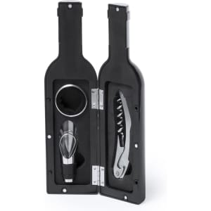 A black wine set in a dual bottle-shaped case, including a pourer, corkscrew, and wine stopper.