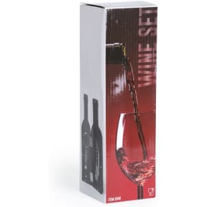 A wine set in a packaging box, featuring a graphic of wine pouring into a glass, predominantly red and black.