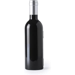 A sleek black wine bottle with a silver cap and a logo on the side.