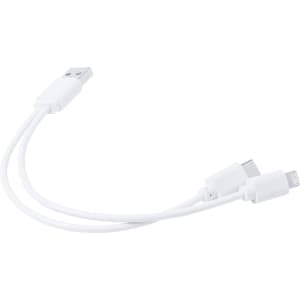 A white charging cable with a USB connector and two detachable ends for charging different devices.