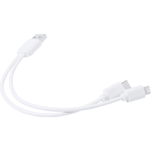 A white charging cable with a USB end and two connectors for different devices. Contains a logo.