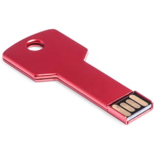 A red USB flash drive shaped like a key, featuring a metallic finish and a keyhole for attaching to a keyring.