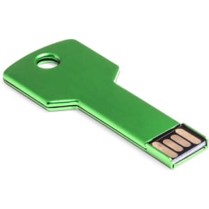 A green USB memory stick shaped like a key, featuring a metallic finish and a small hole for attachment.