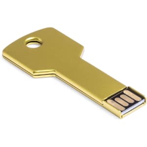 A gold USB flash drive designed in the shape of a key, featuring a shiny metallic finish and a connector at one end.