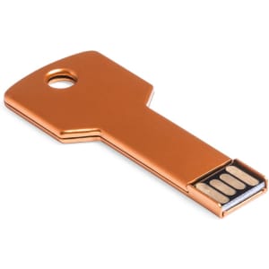 An orange USB memory drive shaped like a key, featuring a metallic finish and a hole for attachment.
