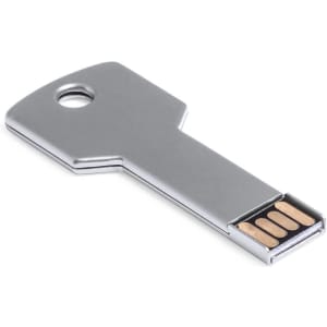 A metallic silver USB flash drive shaped like a key, showcasing its connector and sleek design.