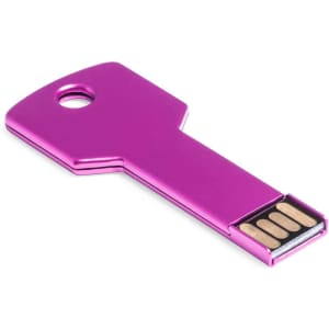 A pink key-shaped USB memory drive with a metallic finish, featuring a data connector at one end.