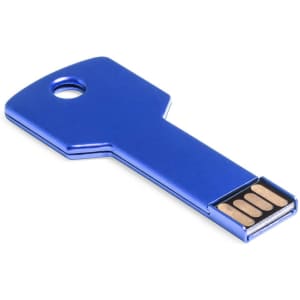 A blue USB flash drive designed in the shape of a key, featuring a metallic finish.