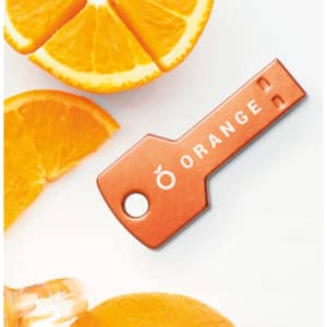 An orange USB memory stick shaped like a key, placed among orange slices. It features a logo.