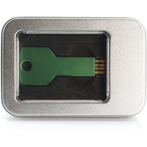 A green USB flash drive in a metallic silver case, designed for storage and transfer of data.