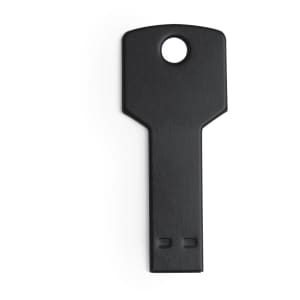 A black USB flash drive in the shape of a key, featuring a circular hole at the top for attachment.