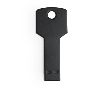 A black USB flash drive shaped like a key, featuring a hole for attachment and a smooth surface.