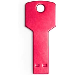 A red USB memory stick shaped like a key, featuring a circular hole at the top and a smooth metallic finish.
