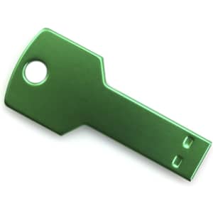 A green USB memory drive designed in the shape of a key, featuring a circular hole and a sleek metallic finish.