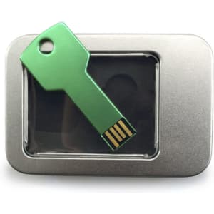 A green USB flash drive shaped like a key rests inside a silver metal tin.