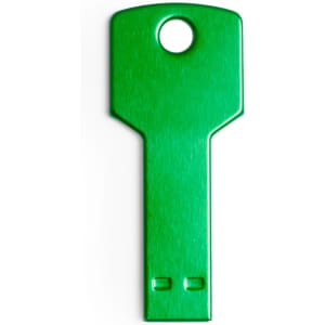 A green USB flash drive shaped like a key, featuring a hole for attachment.