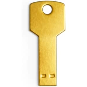 A gold USB memory stick designed in the shape of a key, featuring a branding logo.
