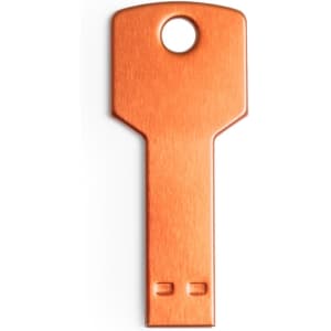 An orange USB memory stick shaped like a key, featuring a circular hole at the top.