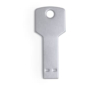 A silver USB memory stick designed in the shape of a key, featuring a hole for attachment.