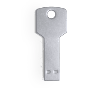 A silver USB memory flash drive designed in the shape of a key, featuring a hole for attachment.