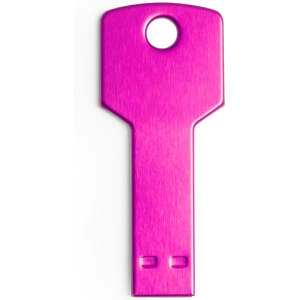 A pink USB flash drive in the shape of a key, featuring a hole for attachment and a shiny metallic finish.