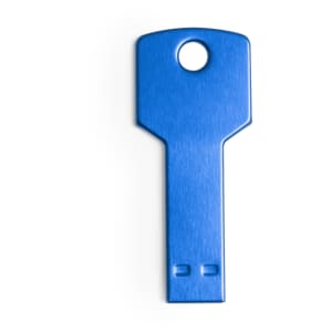 A blue USB flash drive shaped like a key, featuring a circular hole at the top.