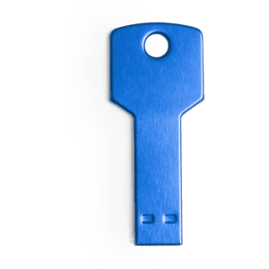A blue USB flash drive in a key shape with a keyring hole. It features a smooth metallic finish.