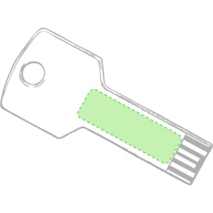 A green USB memory stick shaped like a key, featuring a simple design and a blank area for custom branding.