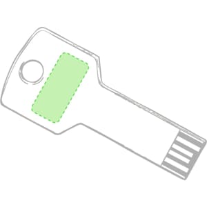 A green and silver USB memory drive shaped like a key, featuring a logo on the surface.