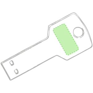 A green and silver USB memory stick designed in the shape of a key, featuring a circular hole and a logo.