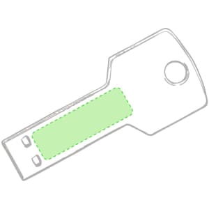 A green USB memory drive shaped like a key, featuring a simple design and a branding logo.