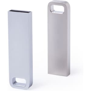 A sleek silver 16GB USB memory drive with a modern design and a small handle for easy portability.