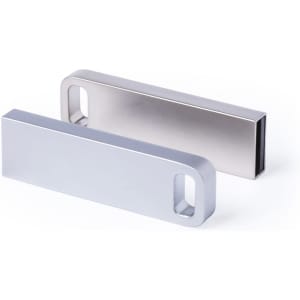 Two sleek silver USB flash drives with a minimalist design, featuring a glossy and matte finish.