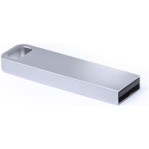 A silver USB flash drive with a sleek, rectangular design and a cutout for easy handling.