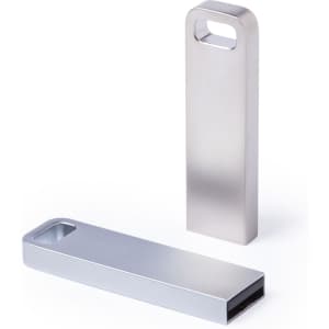 A silver USB flash drive with a sleek design, featuring a hole for attachment, is displayed alongside a similar model.