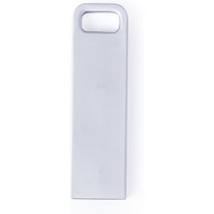A silver USB flash drive with a rectangular shape and a looped end for easy handling.